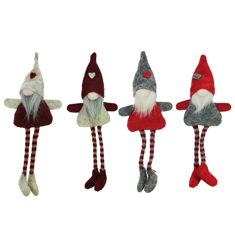 Set of 4 Red and Gray Plush Gnome Christmas Ornaments