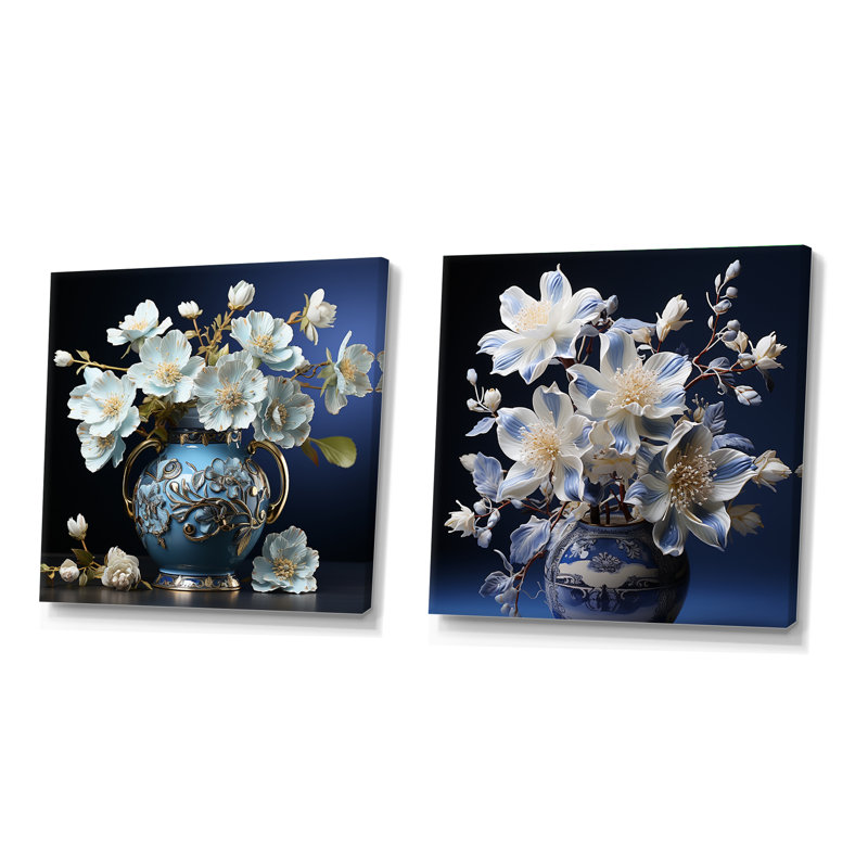Arrangement de fleurs d'hibiscus blanc - ensemble de 2 collages carrés d'hibiscus, H 16 po x l 33 po, Toile tendue