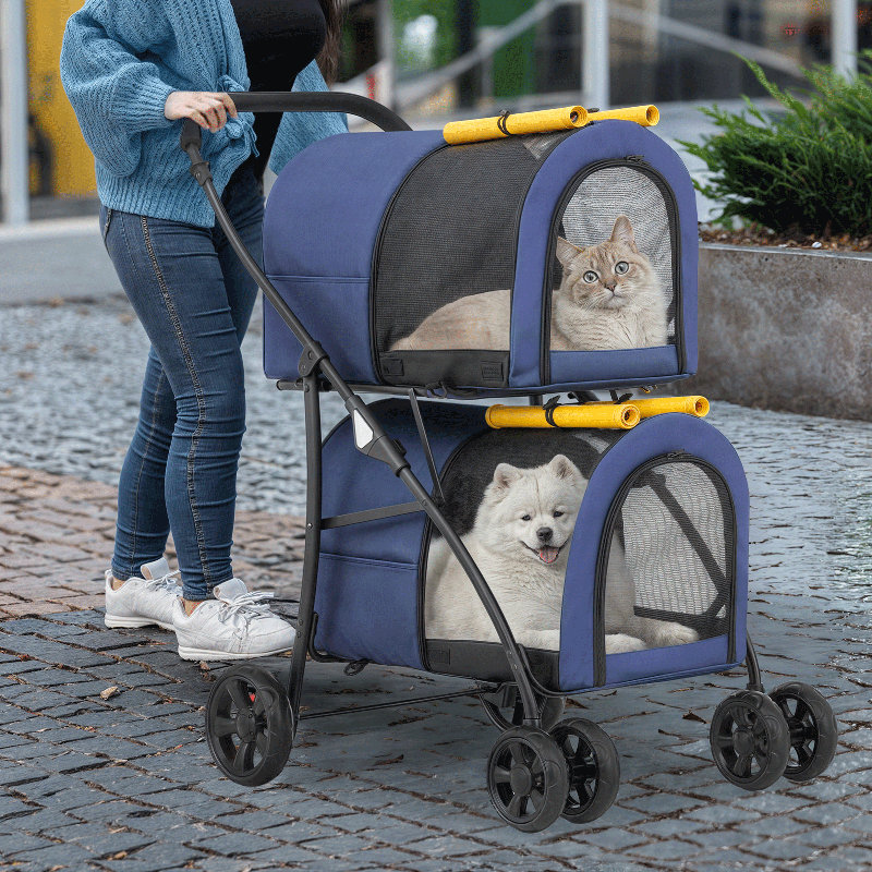 Foldable Pet Stroller with Double Detachable Carriers, Folding Dog Cat Jogger Stroller with Tether, Blue/Yellow