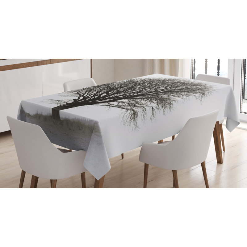 Grey Tablecloth, Photo Of A Big Tree On A Field Branches Fall Season Monochromic Landscape Artwork, Rectangular Table Cover For Dining Room Kitchen Decor, 52" X 70",