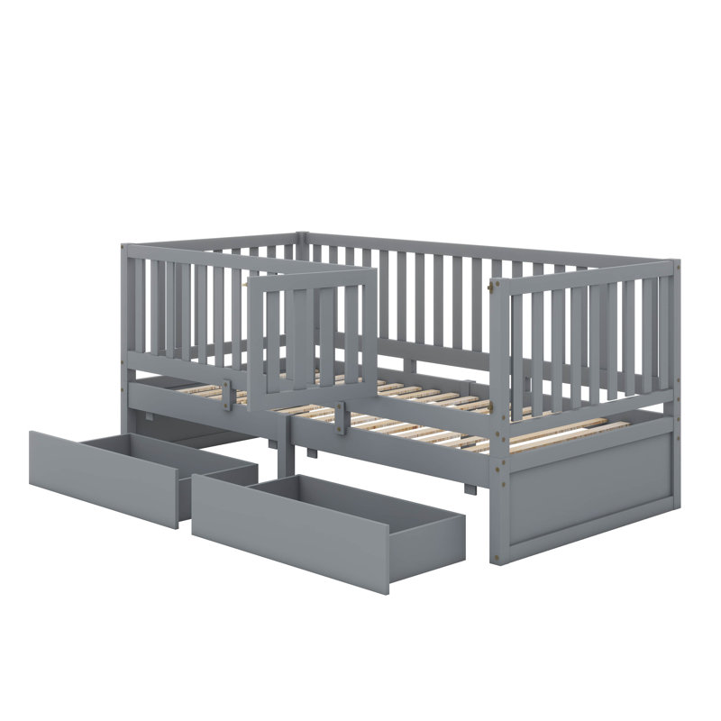 A Wooden Twin-Sized Daybed With Fence-Style Guardrails And Two Integrated Drawers, Twin, Grey