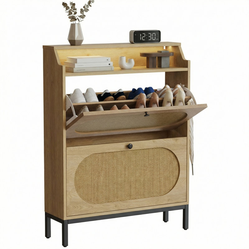Mid-century Modern Narrow Shoe Cabinet With Rattan Doors And Led, 2-tier Flip Drawers And Open Shelf, Entryway Storage Cabinet For Small Apartments, Engineered Wood