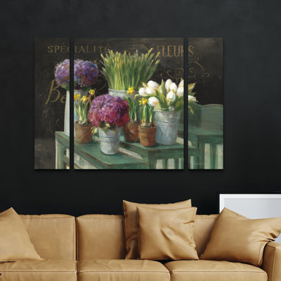 Ensemble de 3 panneaux muraux - Danhui Nai «Les Fleurs Printemps On Black», art mural sur toile pour le salon, la chambre à coucher ou le bureau 