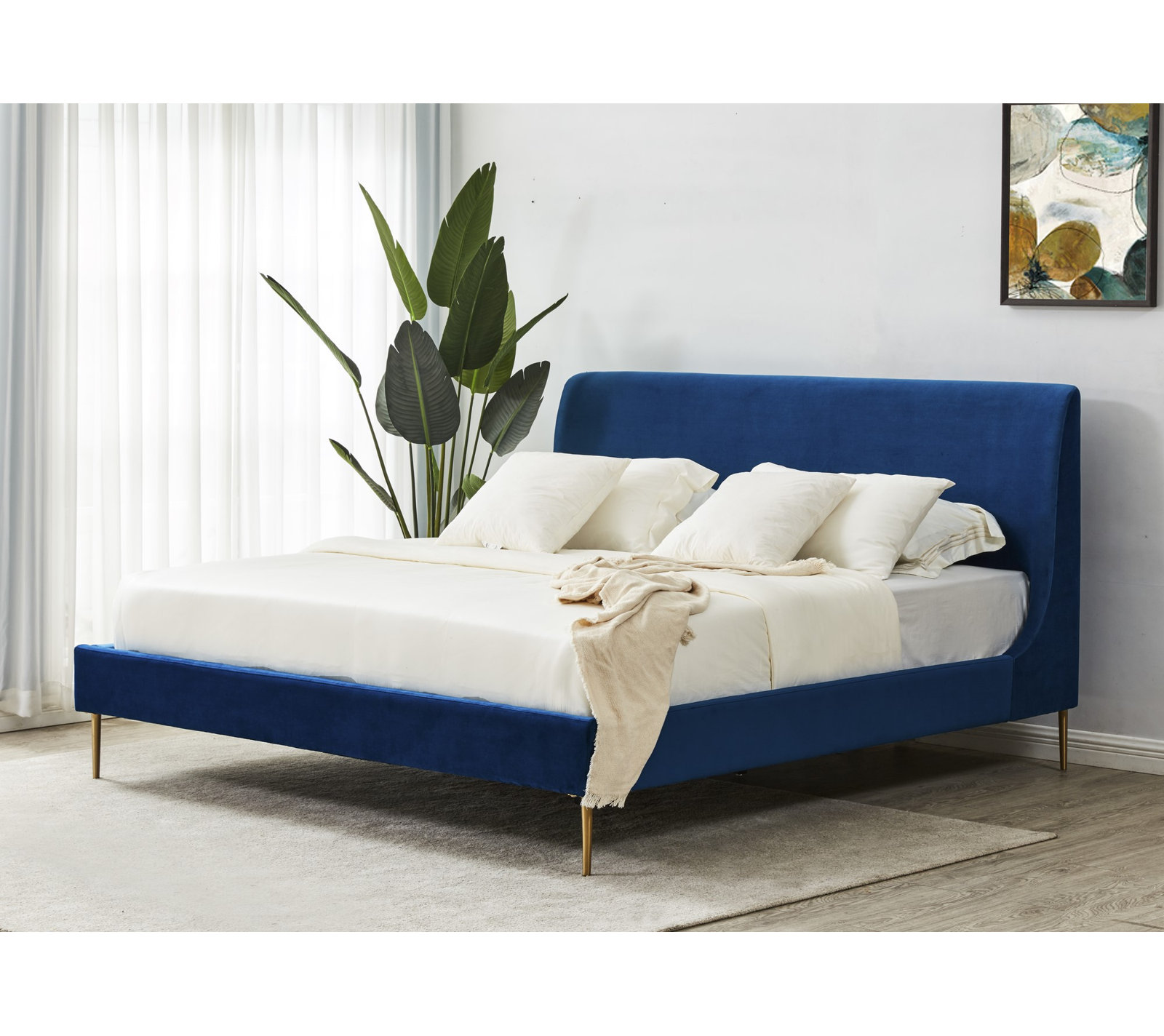 Venedy Linen Wingback Bed, King, Marine Velvet