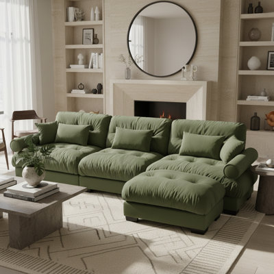 Canapé d'angle modulaire de 330 cm de large avec pouf amovible, assise profonde et moelleuse, et accoudoirs rembourrés, vert olive