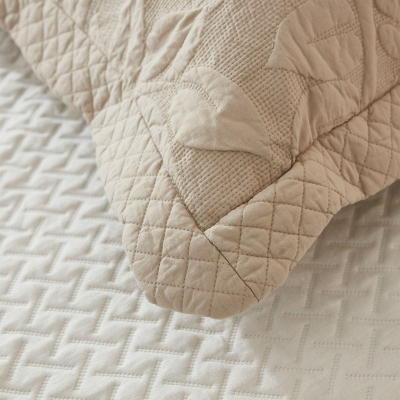 Khaki Cotton Queen Reversible Floral Quilt Set