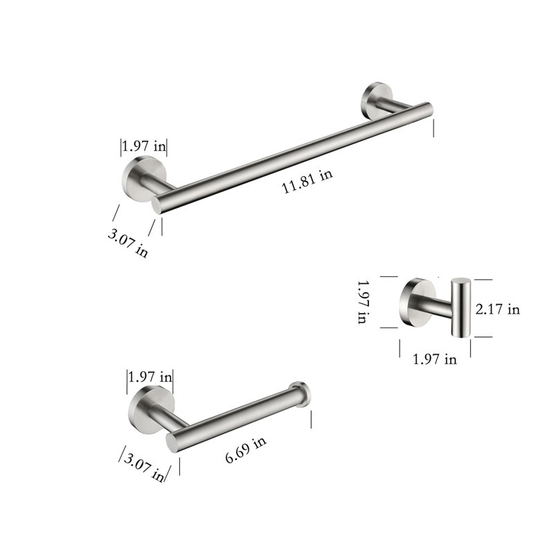 Sus304 Stainless Steel Bathroom Hardware 3, Brushed Nickel, Bath Shower Fixtures (Toilet Paper Holder, Towel Bar, Robe Hook Dependable (Robe Hook, Toilet Bar