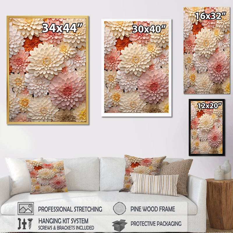 Zinnias beige minimalisme rose sur toile, Cadre flottant noir, H 32 po x l 16 po x P 1 po