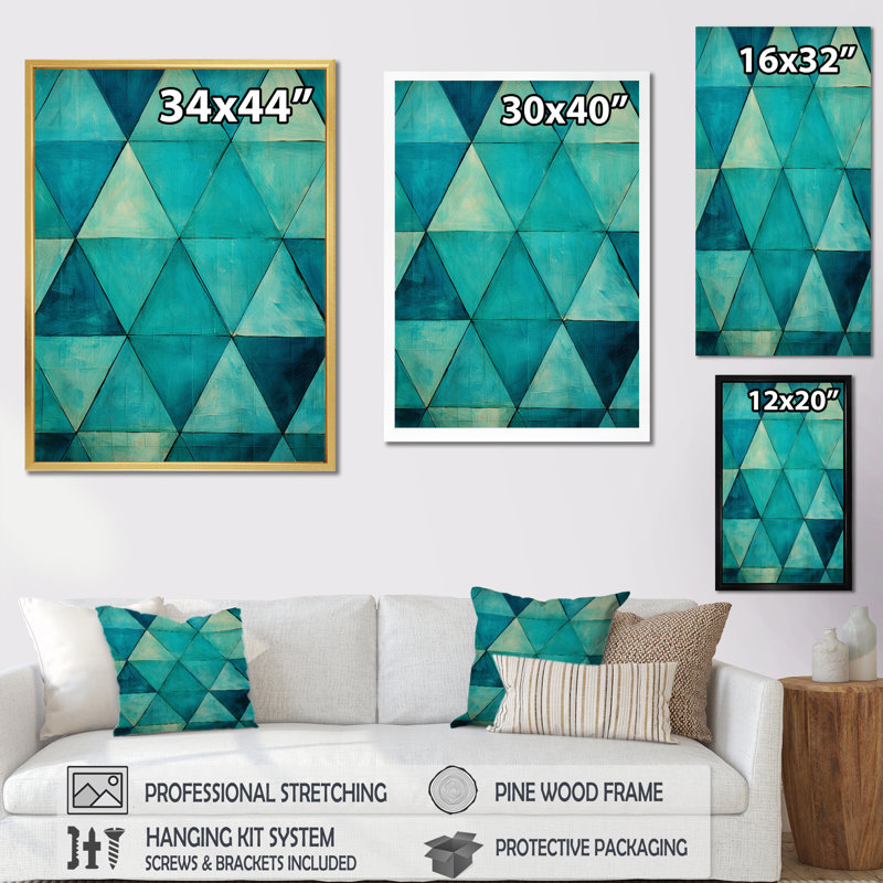 " Turquoise Triangles ", Black Single Picture Framed, 32" H x 16" W x 1" D