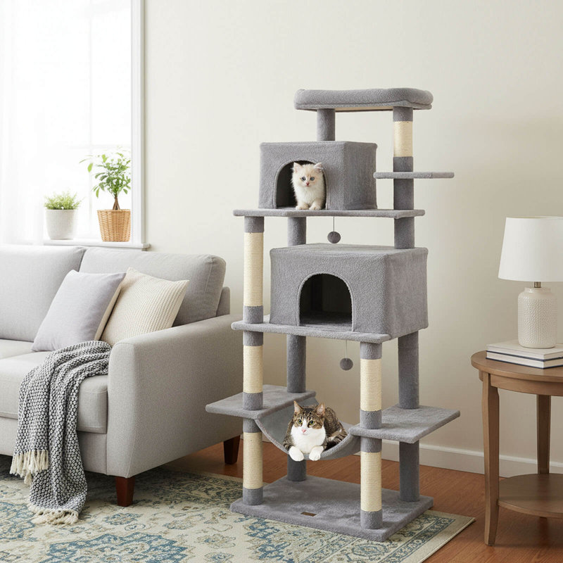 Grand arbre à chat 70 po pour chats d'intérieur avec perchoir supérieur moelleux, deux grands condos, hamac gris clair