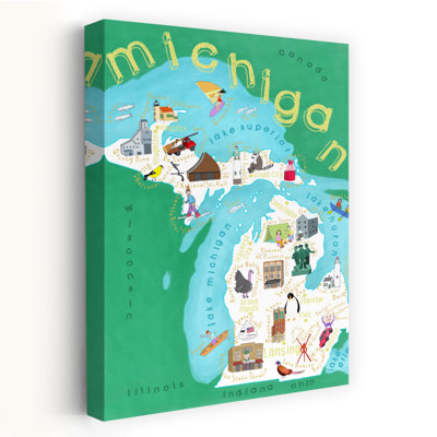 Illustrated Michigan Map Colorful Abstract Contemporary Nature City Wall Art Print 1 Piece Wrapped Canvas Wall Art