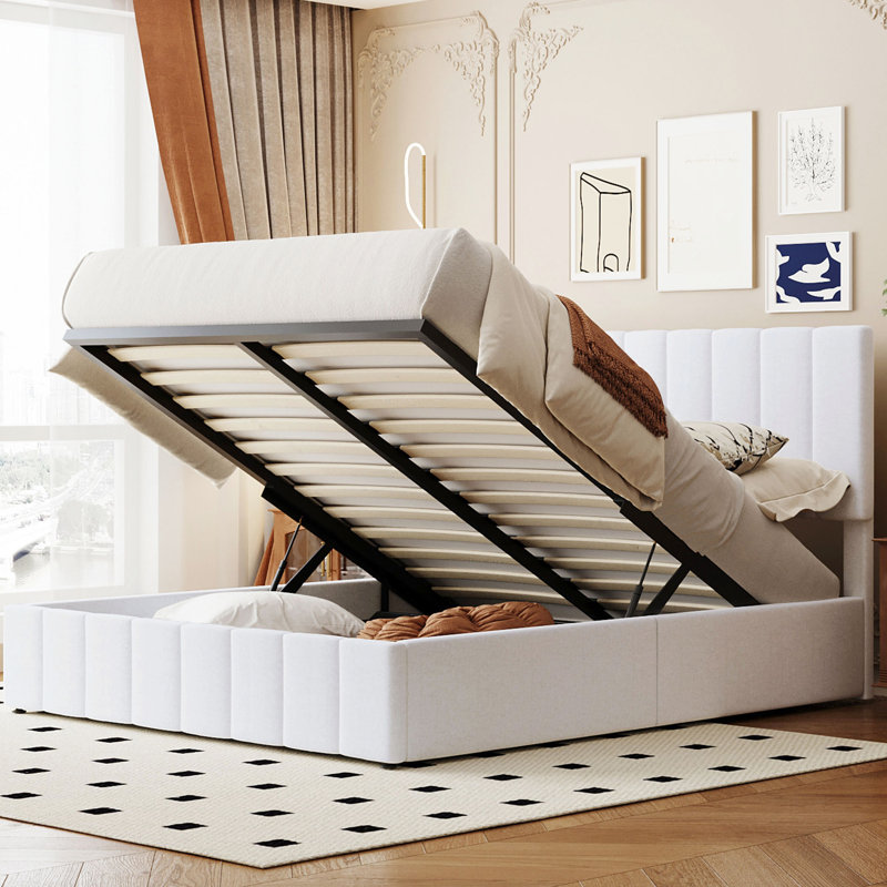 Grand lit plateforme blanc avec espace de rangement rembourré sous le lit, White, Queen
