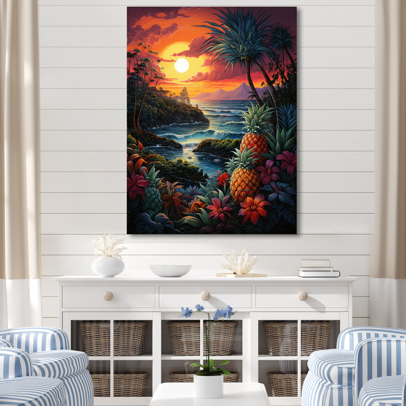 Dreamy Tropical Sunset Dr Beach - art mural plage, H 32 po x l 16 po x P 1 po, Cadre flottant blanc