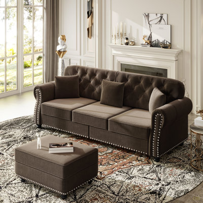 82.6"Upholstered Velvet Sofa With Nailhead Trim And Rolled Armrests,Mid-Century Modern Chesterfield Sofa With Button Tufted,Includes 3 Pillows