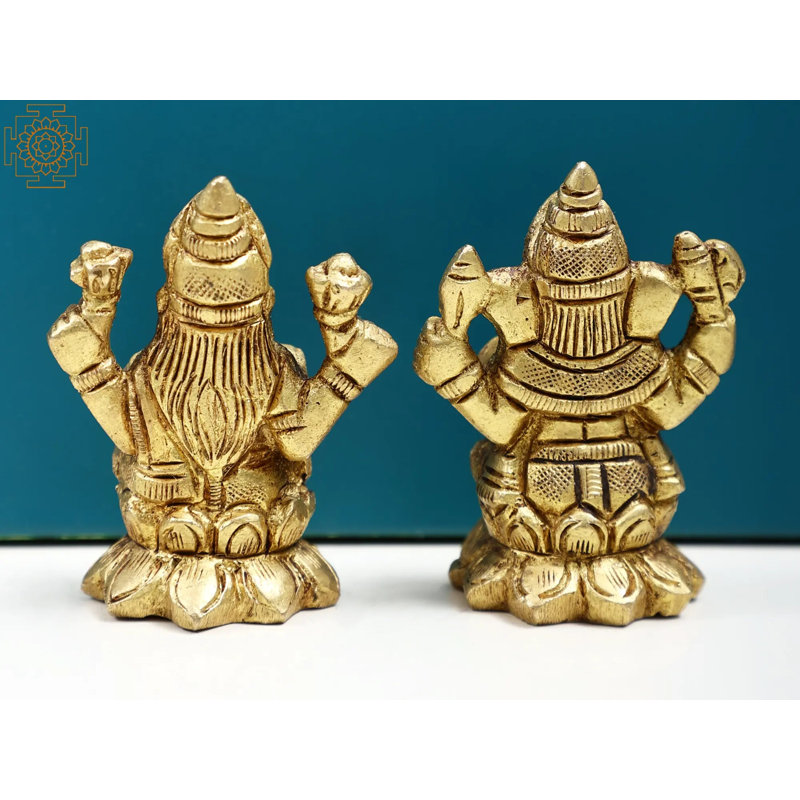 Statue de 2 po en laiton Ganesha et déesse Lakshmi - divinités indiennes fabriquées à la main, assis sur un Padmasana pour un autel spirituel