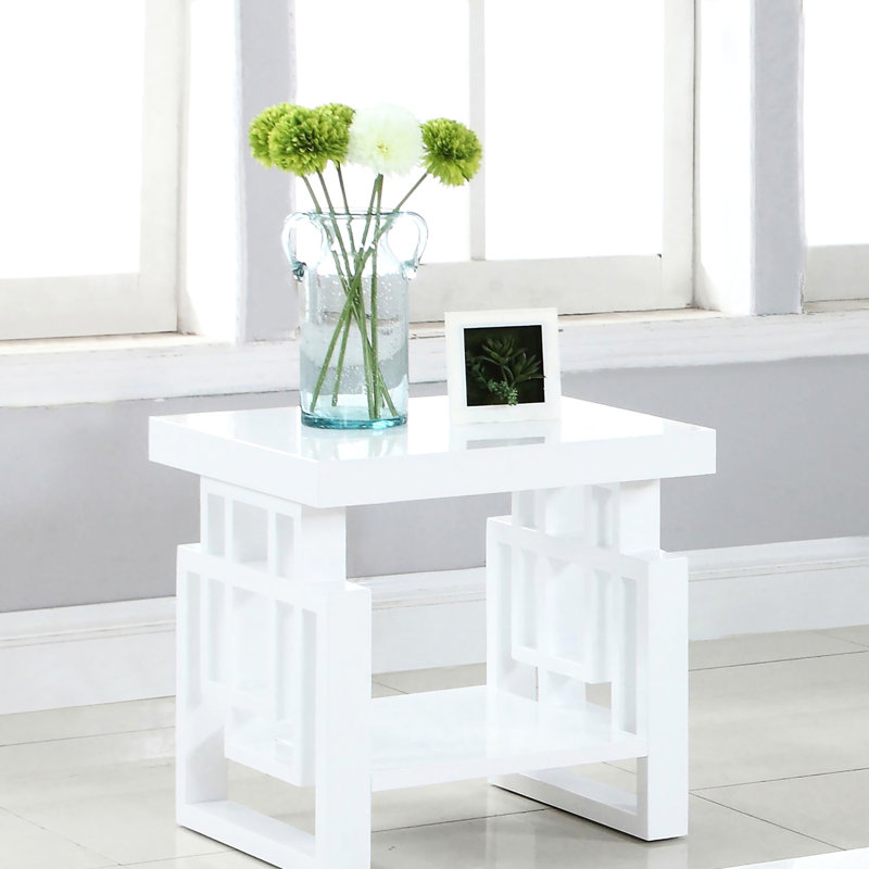 Table de bout rectangulaire blanche brillante avec étagères fonctionnelles pratiques et décoratives pour le salon