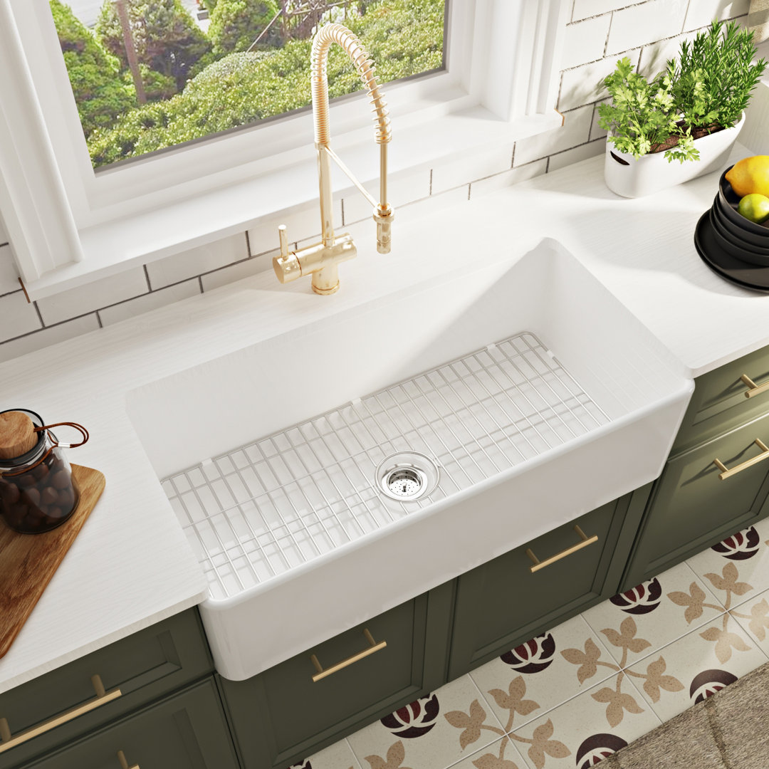 Grove 33" L X 18" W Rectangular Single Bowl Fireclay Farmhouse Kitchen Sink with Grid and Strainer DeerValley 
