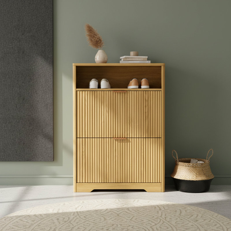 Flip-Door Shoe Cabinet, 31.6 inch Narrow Storage Organizer with 2 Hidden Compartments, Tall Free Standing Entryway Shoe Rack for Foyer and Hallway in Natural