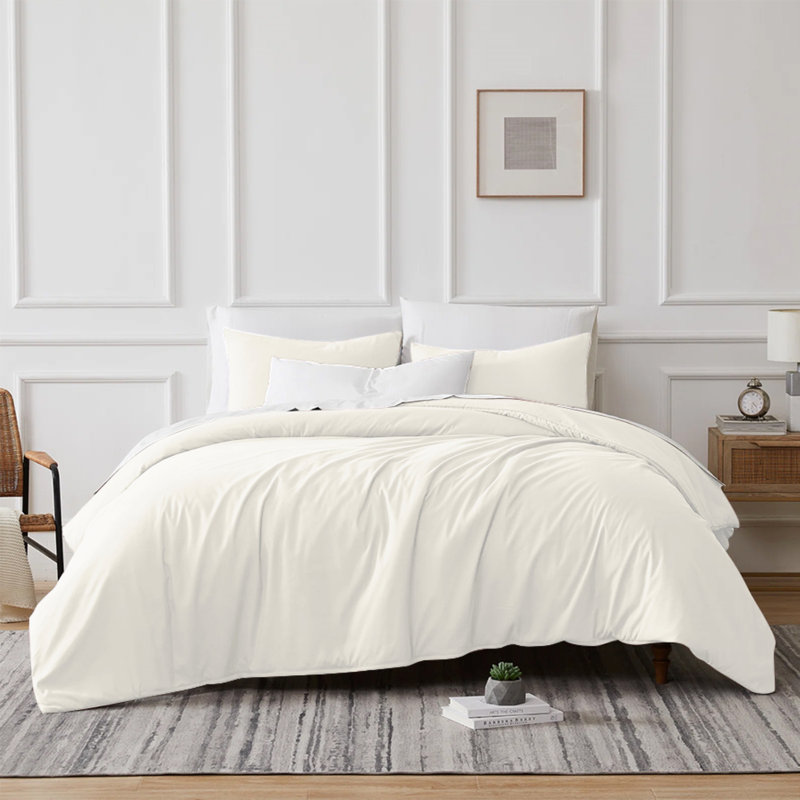 Microfibre 200 TC Plain Reversible Plain Weave Modern & Contemporary Duvet Cover Set, Double - 2 Standard Pillowcases, Cream