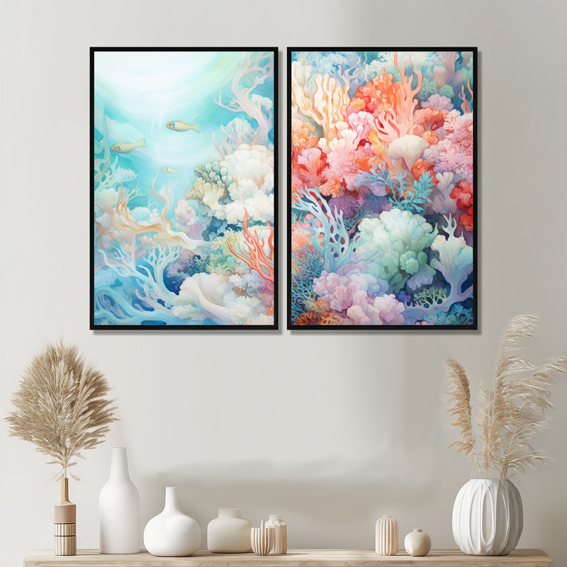 Underwater Coral Symphony Ii I - Art mural en toile rose 2 pièces, H 36 po x l 48 po, Impression encadrée flottante, Noir