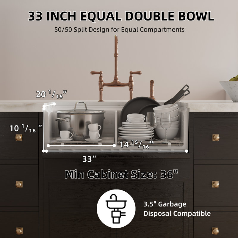 33 x 20 Inch Fireclay-Made Farmhouse Kitchen Sink Reversible with Deep Double Bowls Design & Full Accessories