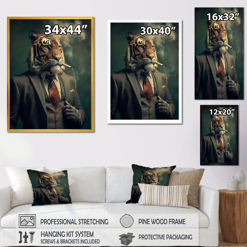 «Stylish Lion in suit smoking», reproduction sur toile, H 40 po x l 30 po x P 1,5 po, Cadre flottant blanc