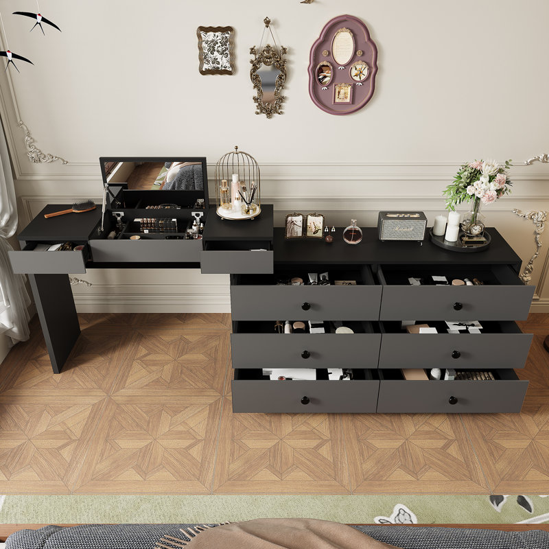 95.6'' Extendable Makeup Vanity Desk With Flip-Top Mirror And Storage Drawers Home Office Desk, Dark Gary