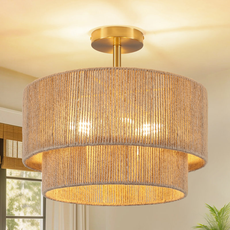 3-light Boho Light Fixtures Ceiling Mount, Rattan Semi Flush Ceiling Light With 2-tier Shade, Rustic Hand-woven Drum Light Fixture For Hallway Kitchen Foyer Farmhouse Bedroom