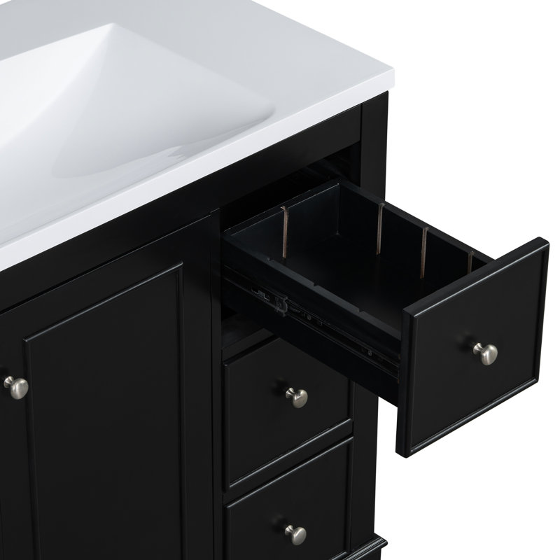 Meuble-lavabo moderne de 36 po x 18 po x 34 po, 4 tiroirs et 1 porte, lavabo en résine, tablettes réglables, structure en bois massif avec armoire de rangement,