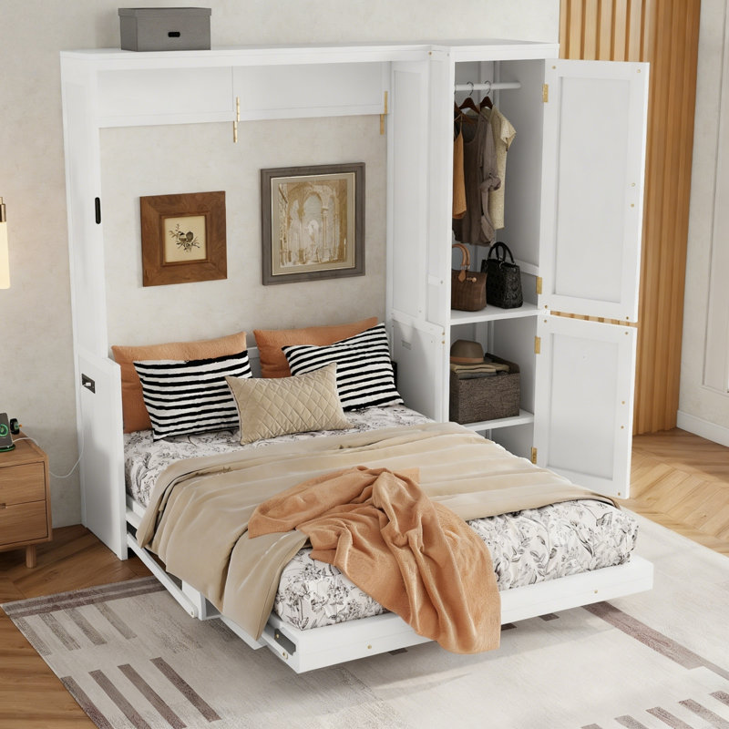 Grand lit escamotable en bois avec garde-robe et bureau encastrés