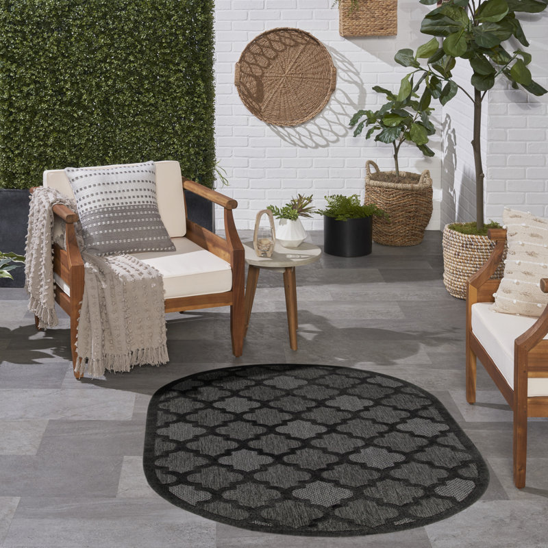 Adianey Red Barrel Studio Easy Care Trellis Charcoal/Black Indoor/Outdoor Area Rug, Oval 6' x 9'