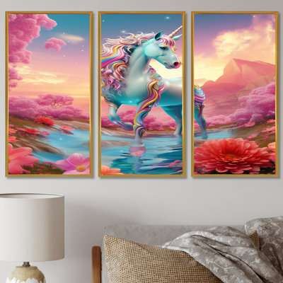 Magical White Unicorn In Pink Flower Magic Land - Unicorns Wall Art Living Room Set