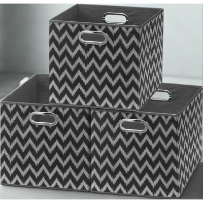 Bac de rangement pliable en tissu avec poignées et conception imprimée, 13 x 13 x 13 pouces, paquet de 3, noir