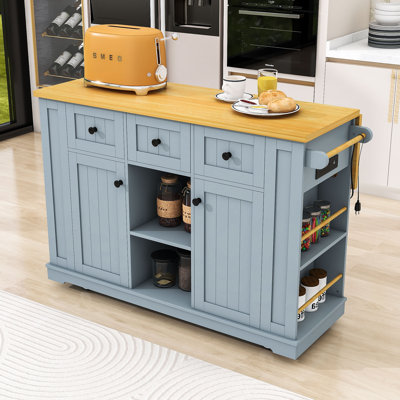 Kitchen Island Cart with Drop Leaf, Power Outlets and Ample Storage on Wheels by Lark Manor