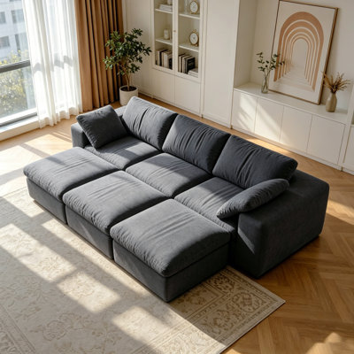 Dark Gray Modern Modular Sectional Sofa With 3 Matching Ottomans, Wide Square Armrests, Removable Washable Cushions