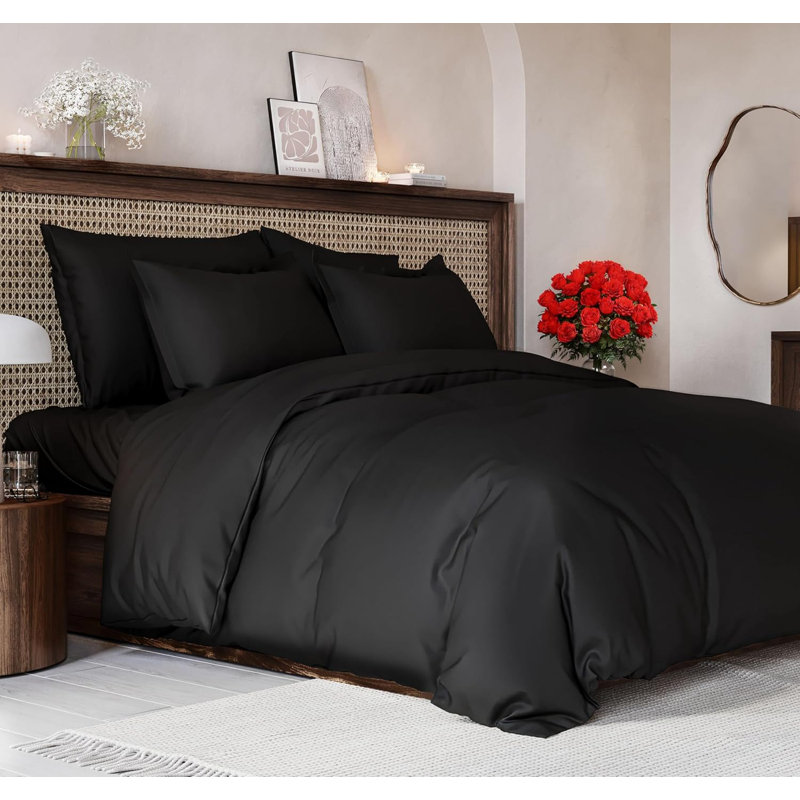 Premium 3-Piece Duvet Cover Set - Hotel Quality Soft & Cooling Comforter Cover With Zipper & Matching Pillowcases, Black
