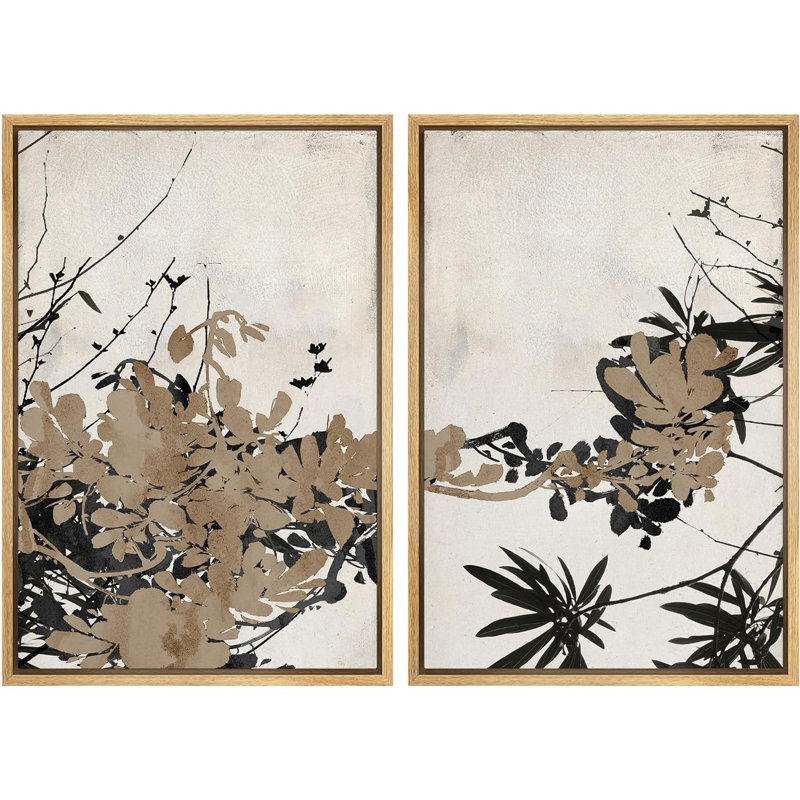 Leaves " Abstract Minimalist Palm Leaf Prints Modern Wall Art Neutral Room Decor " 2 - Pieces, 24" H x 32" W x 1.5" D