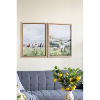 Of 2 23.6X31.5" Multicolored Canvas Prints With Horse Motifs And Countryside Landscapes, Perfect For Entryway, Dining Room, Office, Soft Color Scheme, Realistic Details, Suit Traditional Themes
