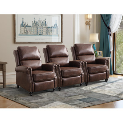 34.6" Wide Classic And Overstuffed Soft Vegan Leather Pushback Recliner With Nailhead Trim (Set Of 3)