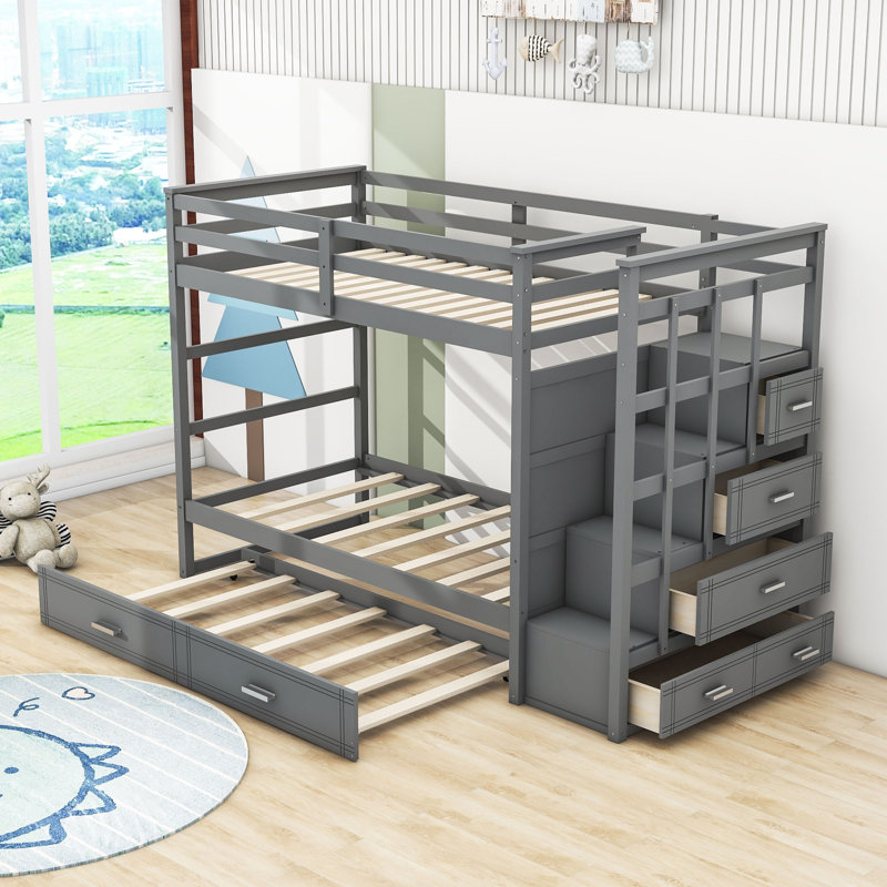 Bailen Kids Twin Over Twin Bunk Bed with Trundle with Drawers, Gray