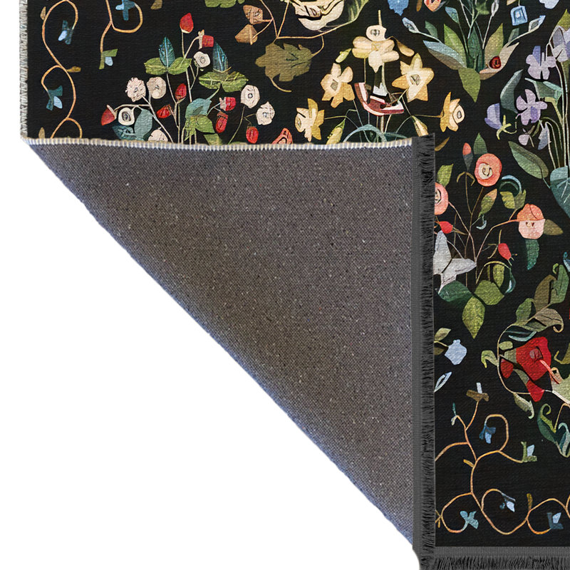 Tapis décoratif noir multicolore à motif floral et à franges, Rectangle 3 pi 11,24 po x 5 pi 10,87 po