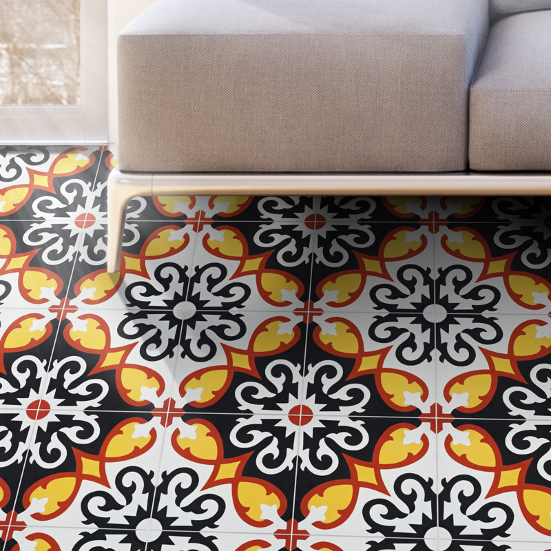 Agadir 8" x 8" Cement Patterned Wall & Floor Tile, Black/Orange