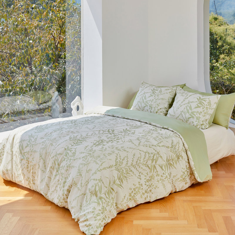 Ensemble de housse de couette très grand pour 3 personnes avec jacquard à feuilles, blanc crème et vert sauge, ensemble de literie 100% coton à densité de tissage 300 fils, housse de couette et taies d'oreiller