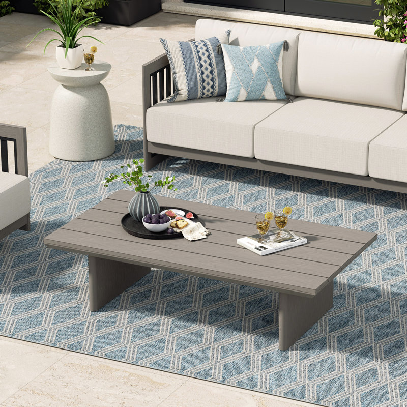 Sereno Patio 52'L x 27.5"D Aluminum Rectangular Coffee Table, Smoked Gray Top /Gray Base