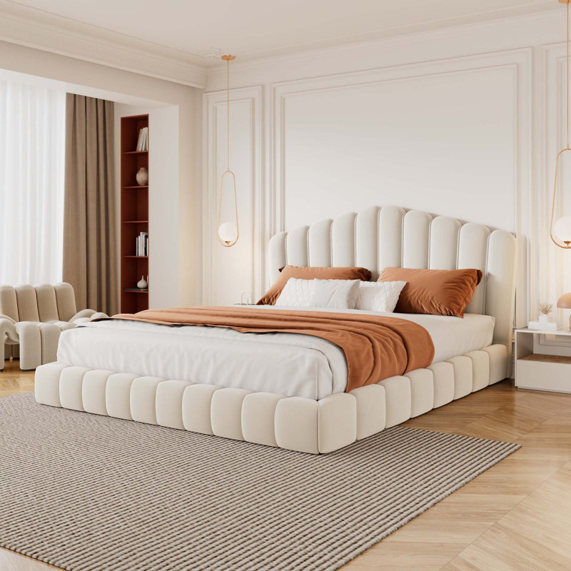 Newlin Modern Velvet Upholstered Bed Frame Floor Bed Shell-Shaped Headboard, Beige