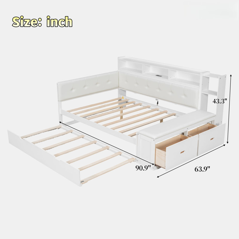 Comfortable Daybed With Trundle, Storage Shelves, Bench, Charging Station And Upholstered Headboard, White