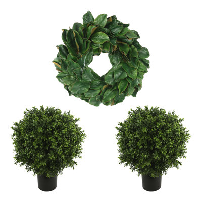 24" Holiday Magnolia Wreath with Two UV Rated Boxwood Drop-Ins