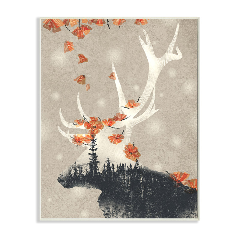 «Tree Forest Elk Silhouette Orange Florals» par Ziwei Li - impression d'art graphique, H 15 po x l 10 po x P 0,5 po