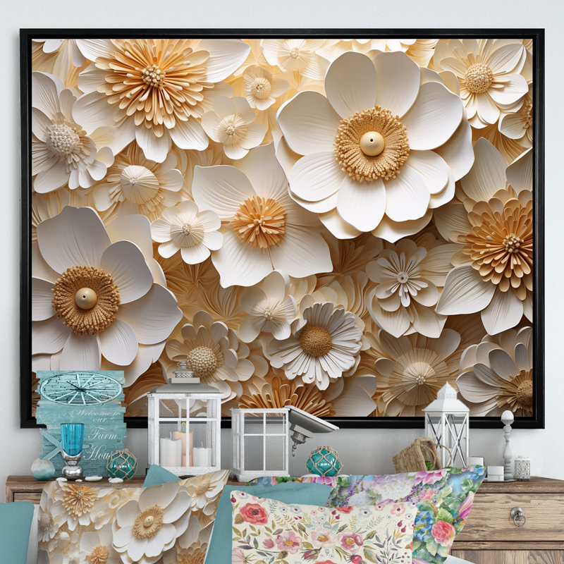 Élégant boutons d'or blancs - salon de l'art mural Buttercups, Cadre flottant noir, H 24 po x l 32 po x P 1 po