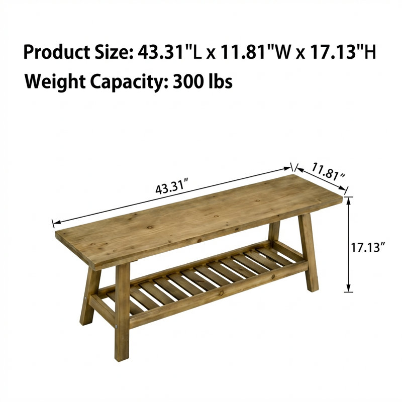 Farmhouse Style Narrow Entryway Bench with Open Storage Shelf